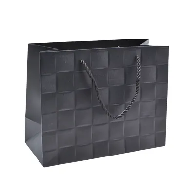 Sacs pelliculés noirs embossés tressés poignées cordelette 23+10x18 cm 210g/m² – Paquet de 20 - Sacs pelliculés à motifs