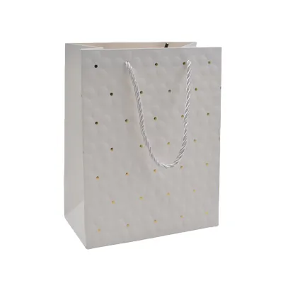 Sacs pelliculés blancs embossés fleurs pois or poignées cordelette 12+7x15 cm 210g/m² – Paquet de 20 - Sacs pelliculés à motifs