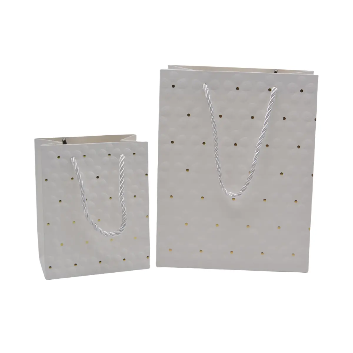 Sacs pelliculés blancs embossés fleurs pois or poignées cordelette 12+7x15 cm 210g/m² – Paquet de 20 - Sacs pelliculés à motifs-1