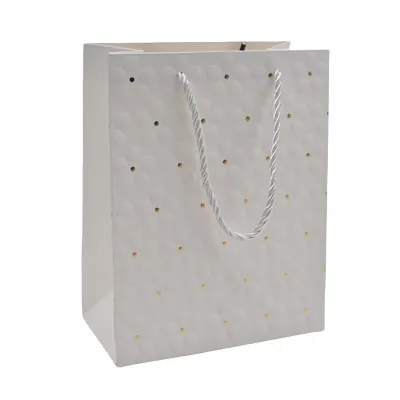 Sacs pelliculés blancs embossés fleurs pois or poignées cordelette 18+10x23 cm 210g/m² – Paquet de 20 - Sacs pelliculés à motifs