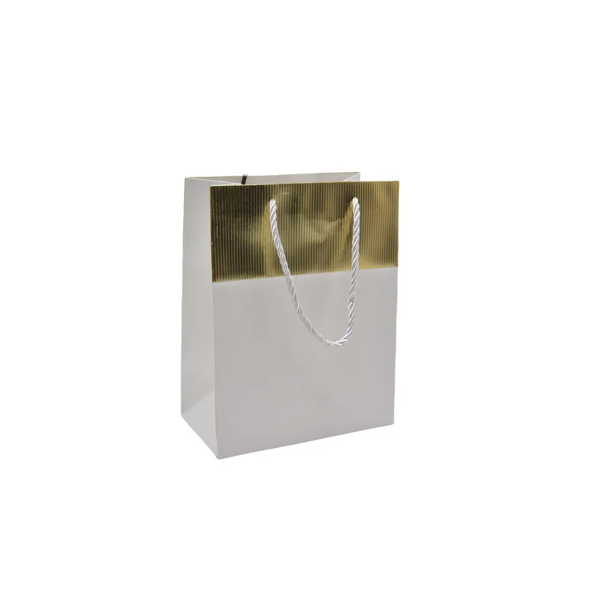 Sacs pelliculés blancs embossés bandeau or poignées cordelette 12+7x15 cm 210g/m² – Paquet de 20 - Sacs pelliculés à motifs