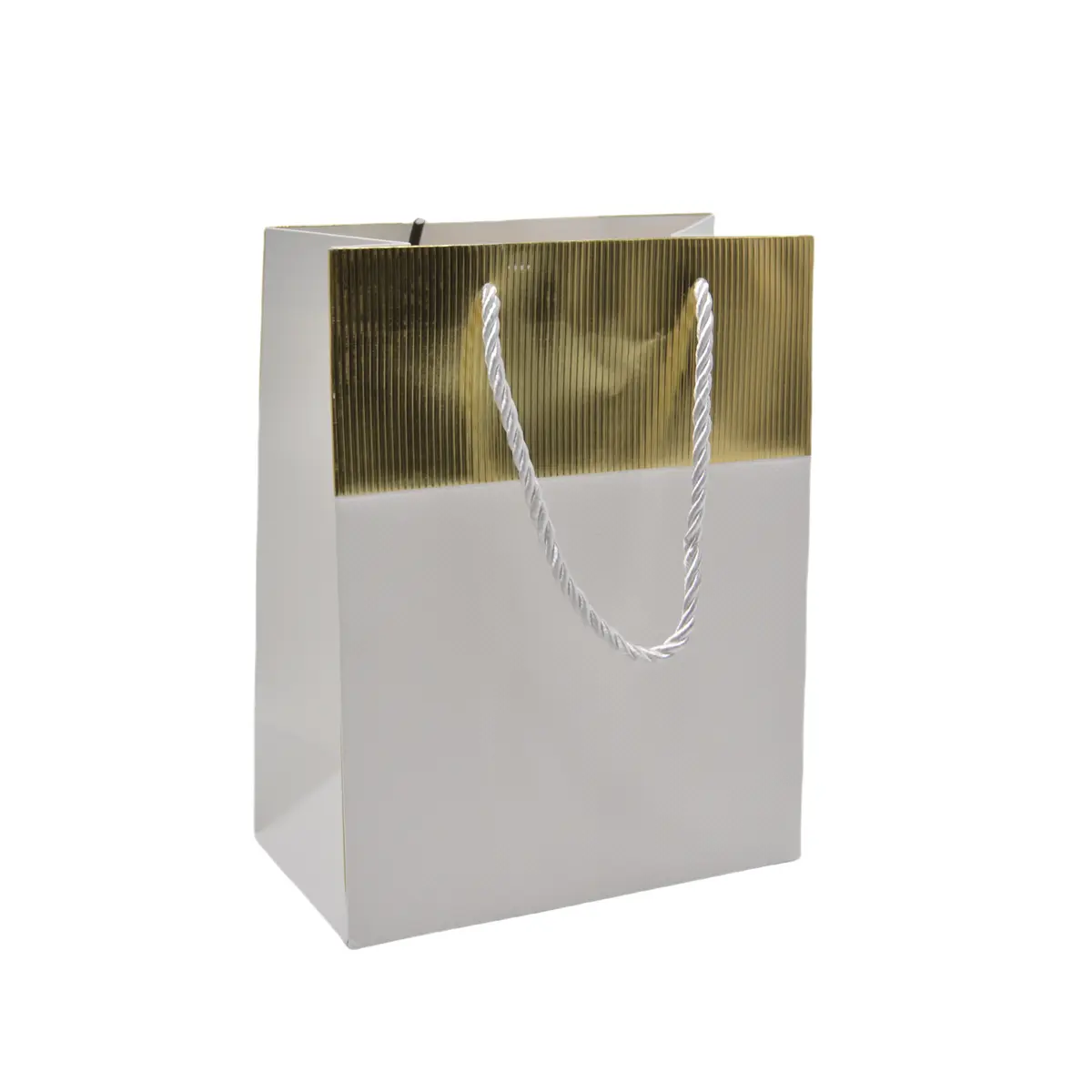 Sacs pelliculés blancs embossés bandeau or poignées cordelette 18+10x23 cm 210g/m² – Paquet de 20 - Sacs pelliculés à motifs