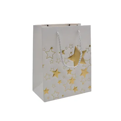 Sacs pelliculés blancs embossés étoiles or poignées cordelette 12+7x15 cm 210g/m² – Paquet de 20 - Sacs pelliculés à motifs