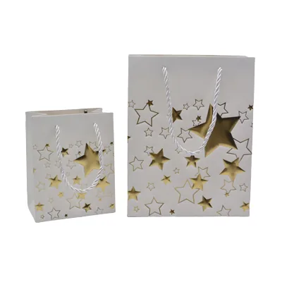Sacs pelliculés blancs embossés étoiles or poignées cordelette 12+7x15 cm 210g/m² – Paquet de 20 - Sacs pelliculés à motifs-1