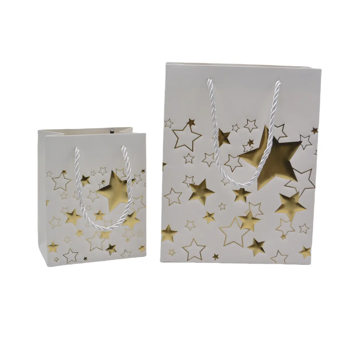 Sacs pelliculés blancs embossés étoiles or poignées cordelette 12+7x15 cm 210g/m² – Paquet de 20 - Sacs pelliculés à motifs-1