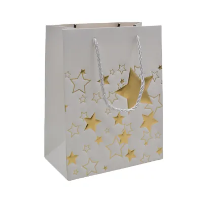 Sacs pelliculés blancs embossés étoiles or poignées cordelette 18+10x23 cm 210g/m² – Paquet de 20 - Sacs pelliculés à motifs