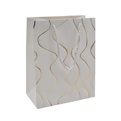 Sacs pelliculés blancs embossés vagues or poignées cordelette 18+10x23 cm 210g/m² – Paquet de 20 - Sacs pelliculés à motifs