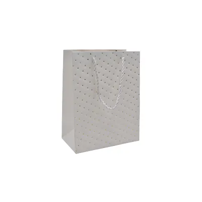 Sacs pelliculés blancs embossés pois or poignées cordelette 12+7x15 cm 210g/m² – Paquet de 20 - Sacs pelliculés à motifs