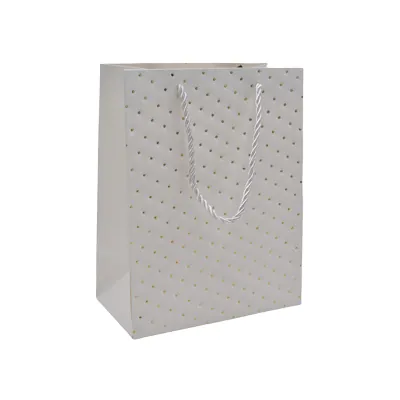 Sacs pelliculés blancs embossés pois or poignées cordelette 18+10x23 cm 210g/m² – Paquet de 20 - Sacs pelliculés à motifs