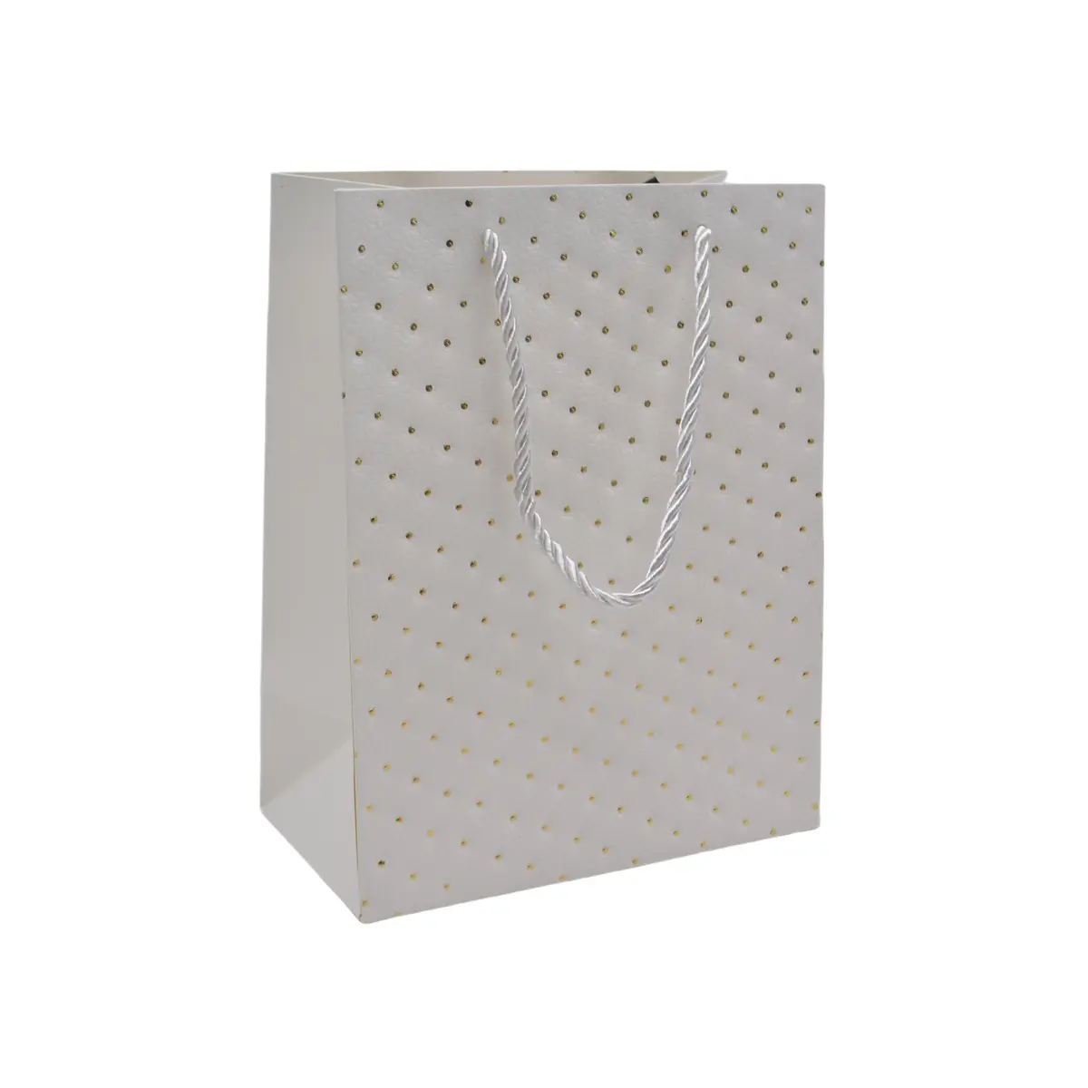 Sacs pelliculés blancs embossés pois or poignées cordelette 18+10x23 cm 210g/m² – Paquet de 20 - Sacs pelliculés à motifs