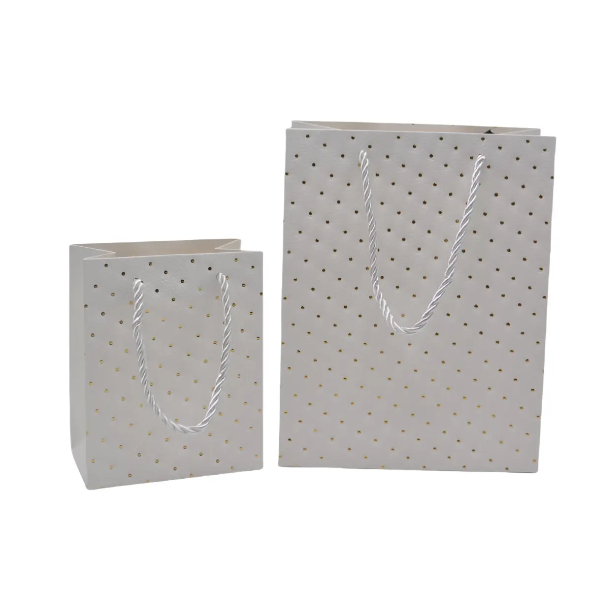 Sacs pelliculés blancs embossés pois or poignées cordelette 12+7x15 cm 210g/m² – Paquet de 20 - Sacs pelliculés à motifs-1