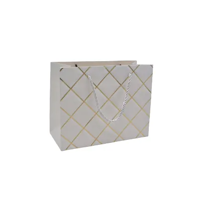 Sacs pelliculés blancs embossés carreaux or poignées cordelette 15+7x12 cm 210g/m² – Paquet de 20 - Sacs pelliculés à motifs