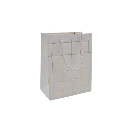 Sacs pelliculés blancs embossés carreaux vagues or poignées cordelette 12+7x15 cm 210g/m² – Paquet de 20 - Sacs pelliculés à motifs
