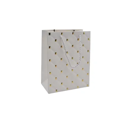 Sacs pelliculés blancs embossés losanges or poignées cordelette 12+7x15 cm 210g/m² – Paquet de 20 - Sacs pelliculés à motifs