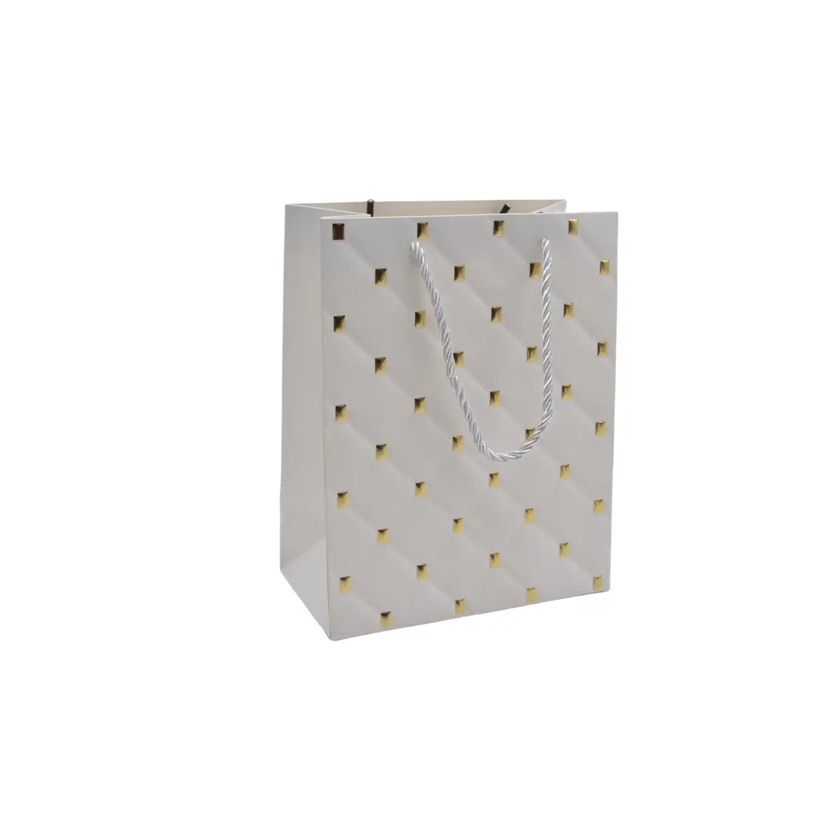 Sacs pelliculés blancs embossés losanges or poignées cordelette 12+7x15 cm 210g/m² – Paquet de 20 - Sacs pelliculés à motifs