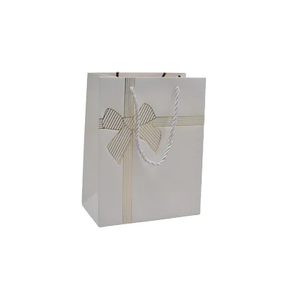 Sacs pelliculés blancs embossés nœud or poignées cordelette 12+7x15 cm 210g/m² – Paquet de 20 - Sacs pelliculés à motifs