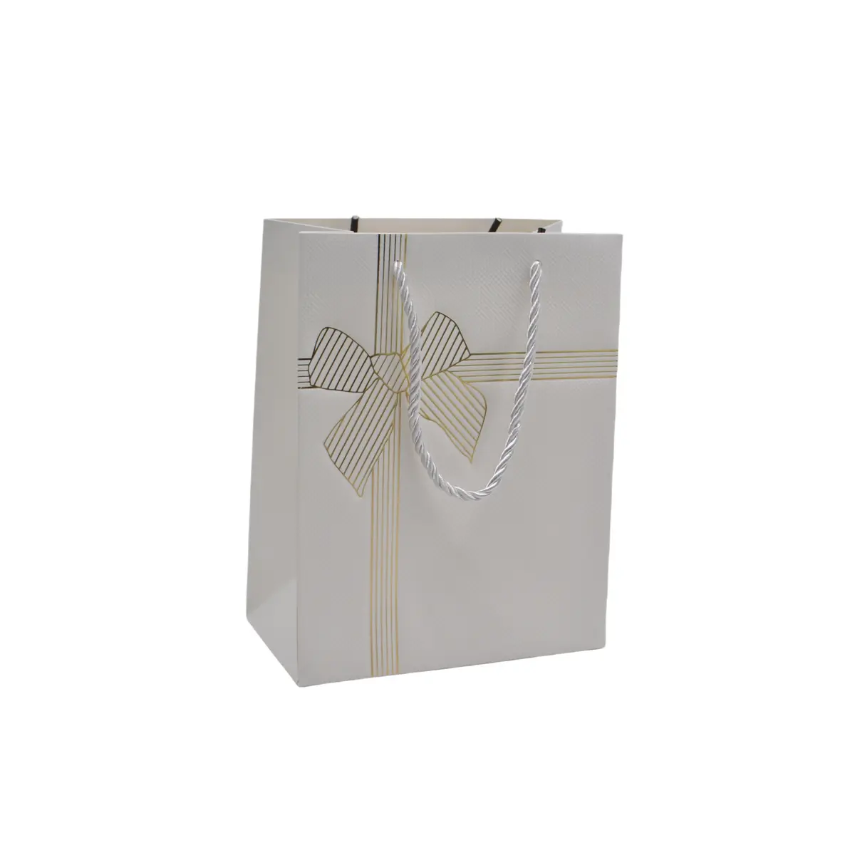 Sacs pelliculés blancs embossés nœud or poignées cordelette 12+7x15 cm 210g/m² – Paquet de 20 - Sacs pelliculés à motifs
