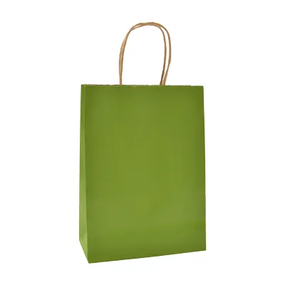 Sacs kraft vert olive poignées torsadées brunes 22x11x27cm – Paquet de 100 - Sacs kraft couleur poignées torsadées