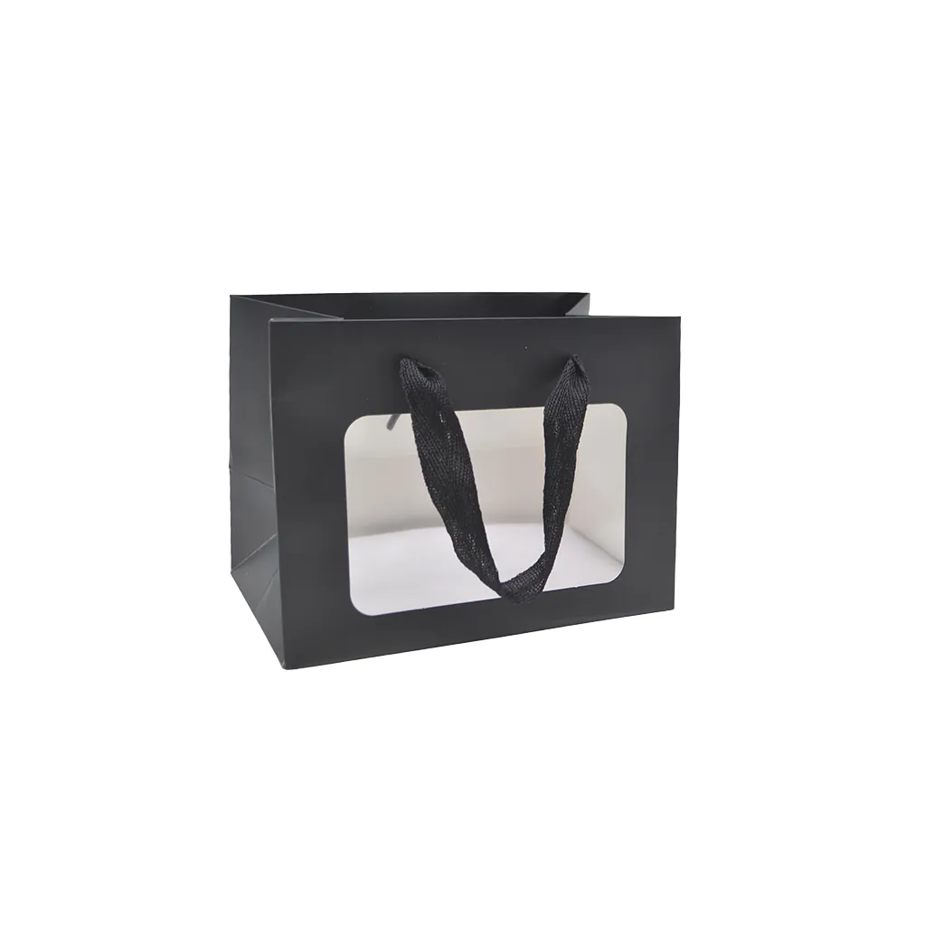 Sacs pelliculés noirs mat à fenêtre et poignées cotonnette – 18 x 11 x 13,5 cm - Paquet de 20 - Sacs pelliculés poignées cordelette