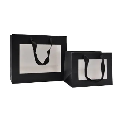 Sacs pelliculés noirs mat à fenêtre et poignées cotonnette – 18 x 11 x 13,5 cm - Paquet de 20 - Sacs pelliculés poignées cordelette-2