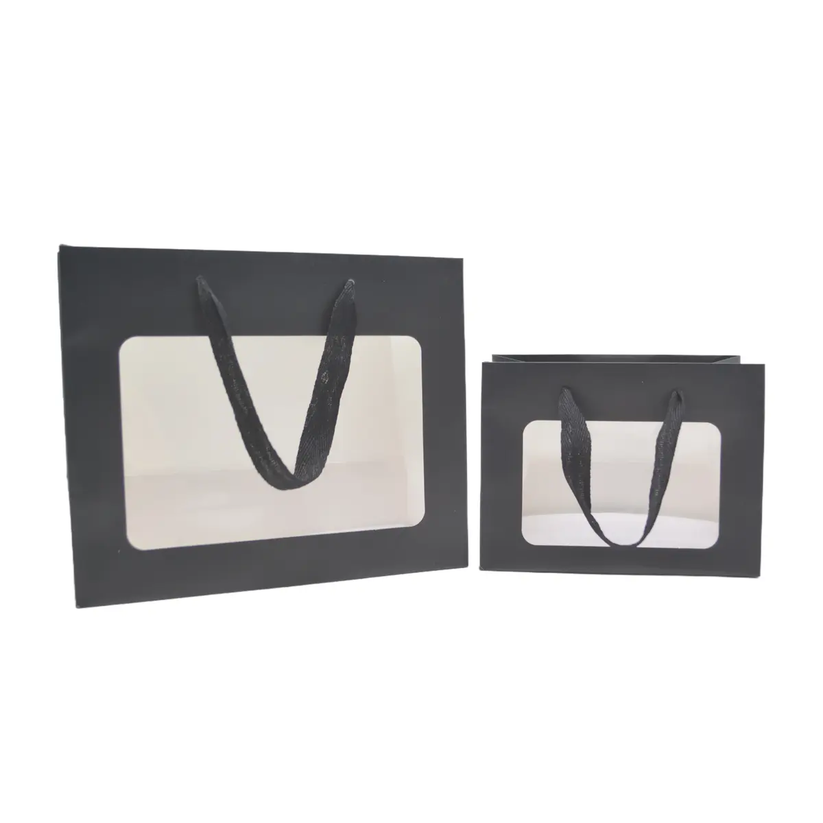 Sacs pelliculés noirs mat à fenêtre et poignées cotonnette – 18 x 11 x 13,5 cm - Paquet de 20 - Sacs pelliculés poignées cordelette-2