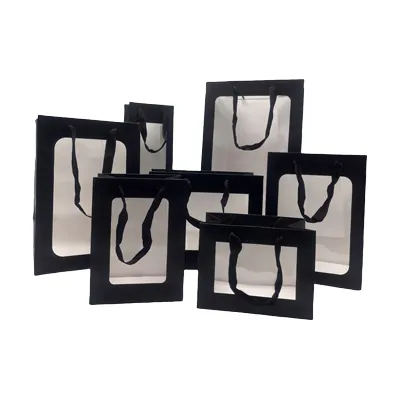 Sacs pelliculés noirs mat à fenêtre et poignées cotonnette – 18 x 11 x 13,5 cm - Paquet de 20 - Sacs pelliculés poignées cordelette-3