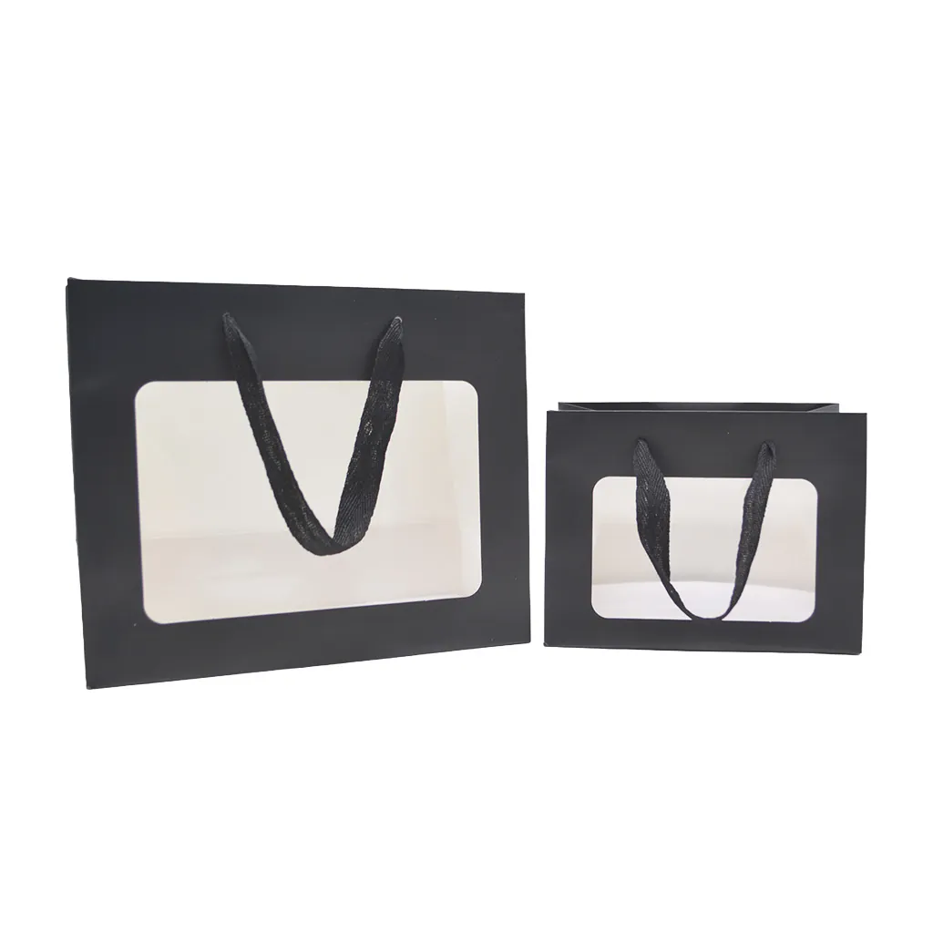 Sacs pelliculés noirs mat à fenêtre et poignées cotonnette – 18 x 11 x 13,5 cm - Paquet de 20 - Sacs pelliculés poignées cordelette-4