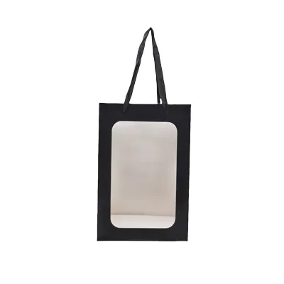 Sacs pelliculés noirs mats à fenêtre et poignées coton – 15 x 10 x 20 cm - Sacs pelliculés poignées cordelette