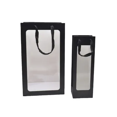 Sacs pelliculés noirs mats à fenêtre et poignées coton – 25 x 20 x 43 cm – Paquet de 20 - Sacs pelliculés poignées cordelette-1