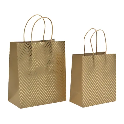 Sac cadeau kraft à chevrons dorés poignées torsadées 15x8x17 cm – Paquet de 20 - Sacs kraft à motifs-1
