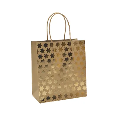 Sac cadeau kraft à étoiles dorées poignées torsadées 15x8x17 cm – Paquet de 20 - Sacs kraft à motifs