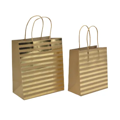 Sac cadeau kraft à rayures dorées poignées torsadées 15x8x17 cm – Paquet de 20 - Sacs kraft à motifs-1