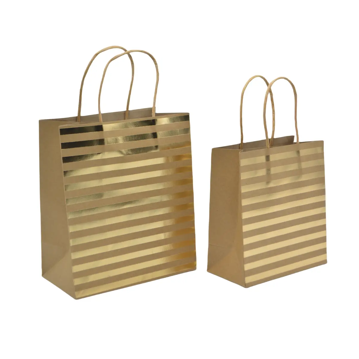 Sac cadeau kraft à rayures dorées poignées torsadées 15x8x17 cm – Paquet de 20 - Sacs kraft à motifs-1