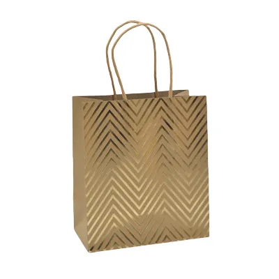 Sac cadeau kraft à chevrons dorés poignées torsadées 18x10x21 cm – Paquet de 20 - Sacs kraft à motifs
