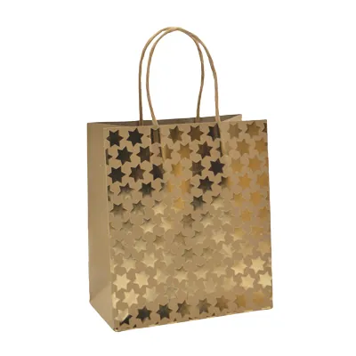 Sac cadeau kraft à étoiles dorées poignées torsadées 18x10x21 cm – Paquet de 20 - Sacs kraft à motifs