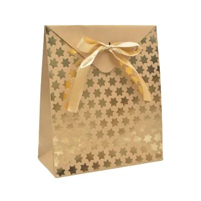 Pochette cadeau papier kraft brun à étoiles or avec rabat et ruban satiné 18x8x21cm – Paquet de 20 - Pochettes cadeaux luxe