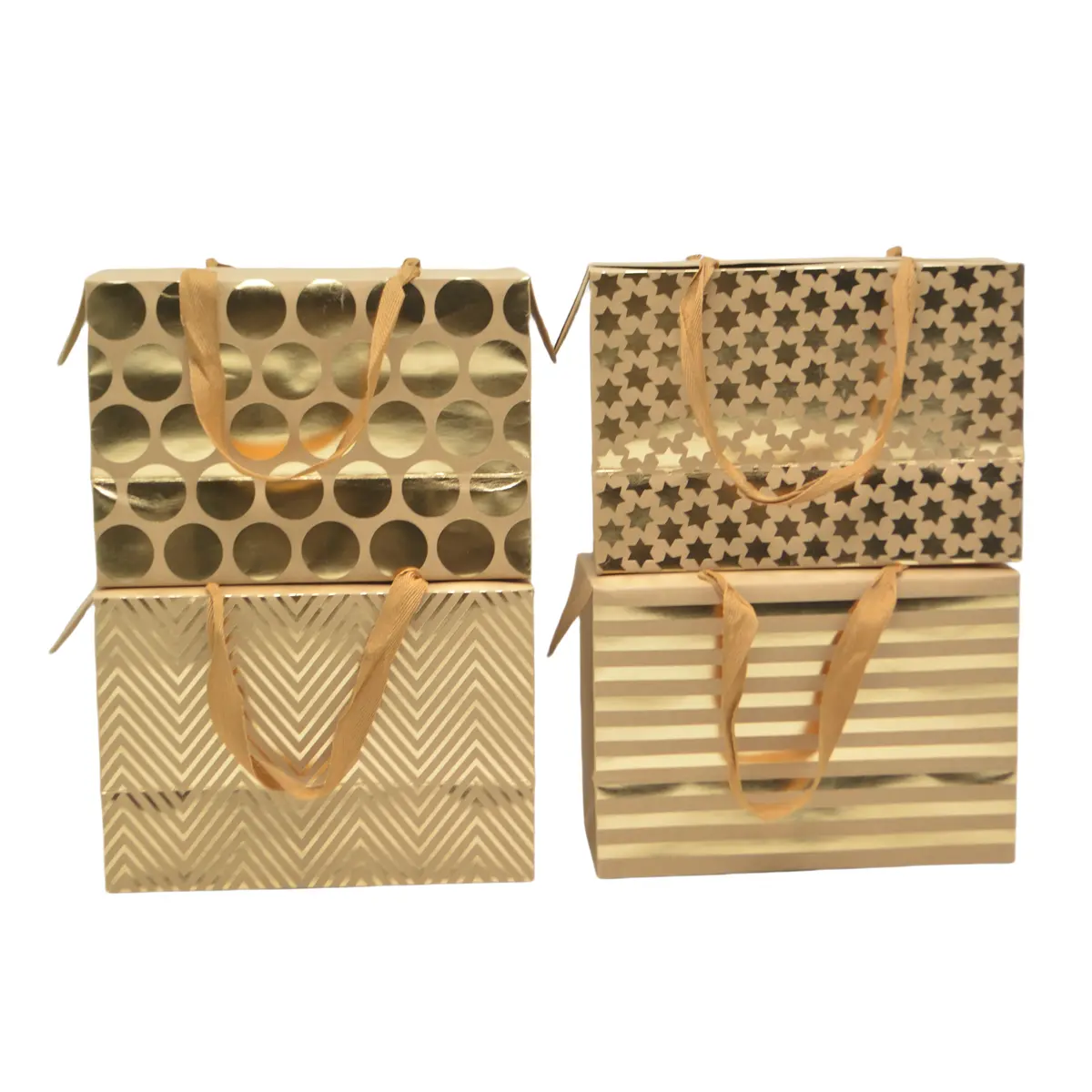Boîte cadeau carton à poignées et chevrons or 23x11x16 cm - Valisette carton – Lot de 10 - Boites carton avec poignée-2