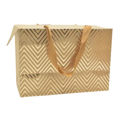 Boîte cadeau carton à poignées et chevrons or 23x11x16 cm - Valisette carton – Lot de 10 - Boites carton avec poignée-1