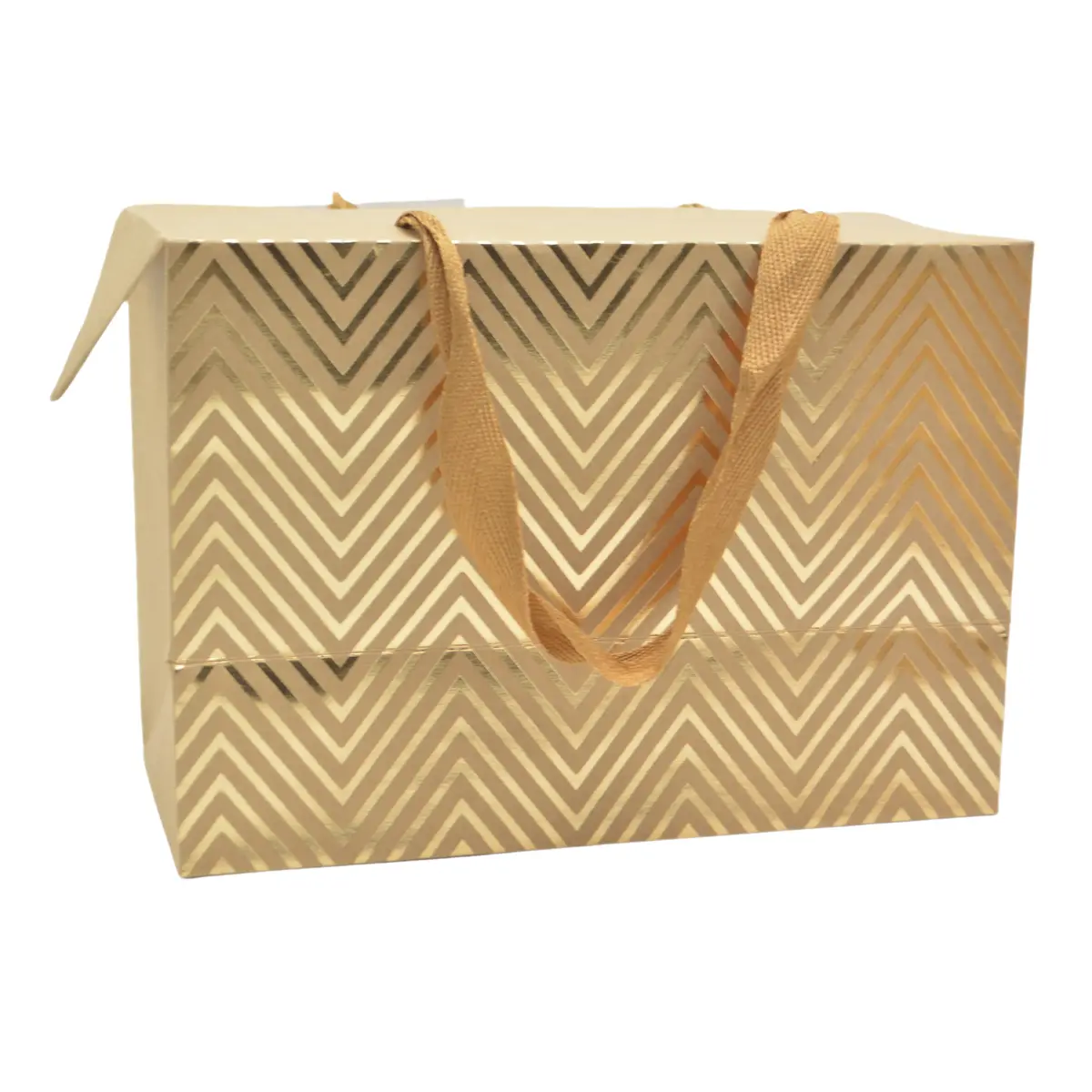 Boîte cadeau carton à poignées et chevrons or 23x11x16 cm - Valisette carton – Lot de 10 - Boites carton avec poignée-1