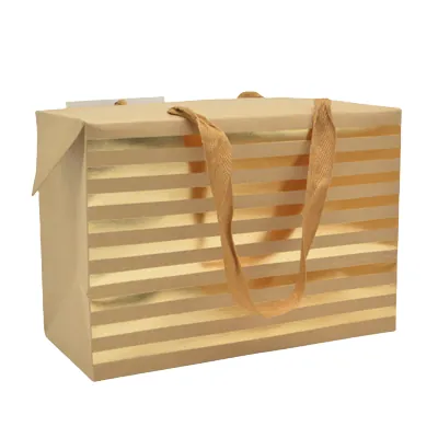 Boîte cadeau carton à poignées et rayures or 23x11x16 cm - Valisette carton – Lot de 10 - Boites carton avec poignée-1