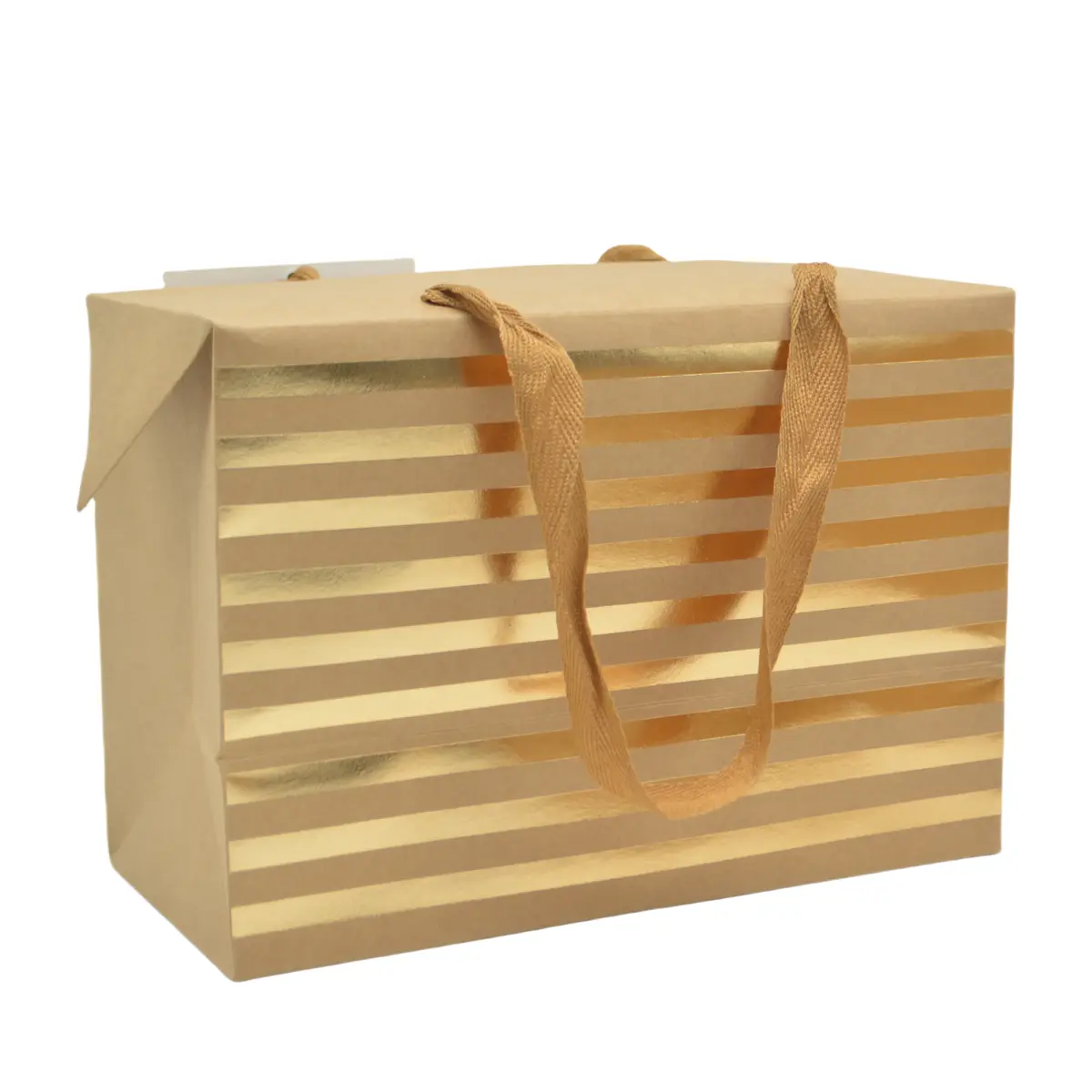 Boîte cadeau carton à poignées et rayures or 23x11x16 cm - Valisette carton – Lot de 10 - Boites carton avec poignée-1