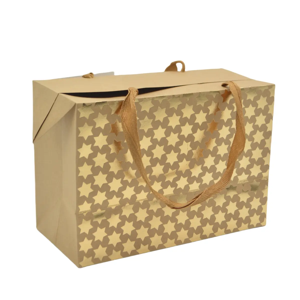 Boîte cadeau carton à poignées et étoiles or 23x11x16 cm - Valisette carton – Lot de 10 - Boites carton avec poignée-1