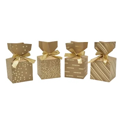 Boîte cadeau pliable kraft avec noeud intégré à pois or 10x10x10 cm - Boite cadeau origami - Lot de 20 - Boites cadeaux carton pliables-1
