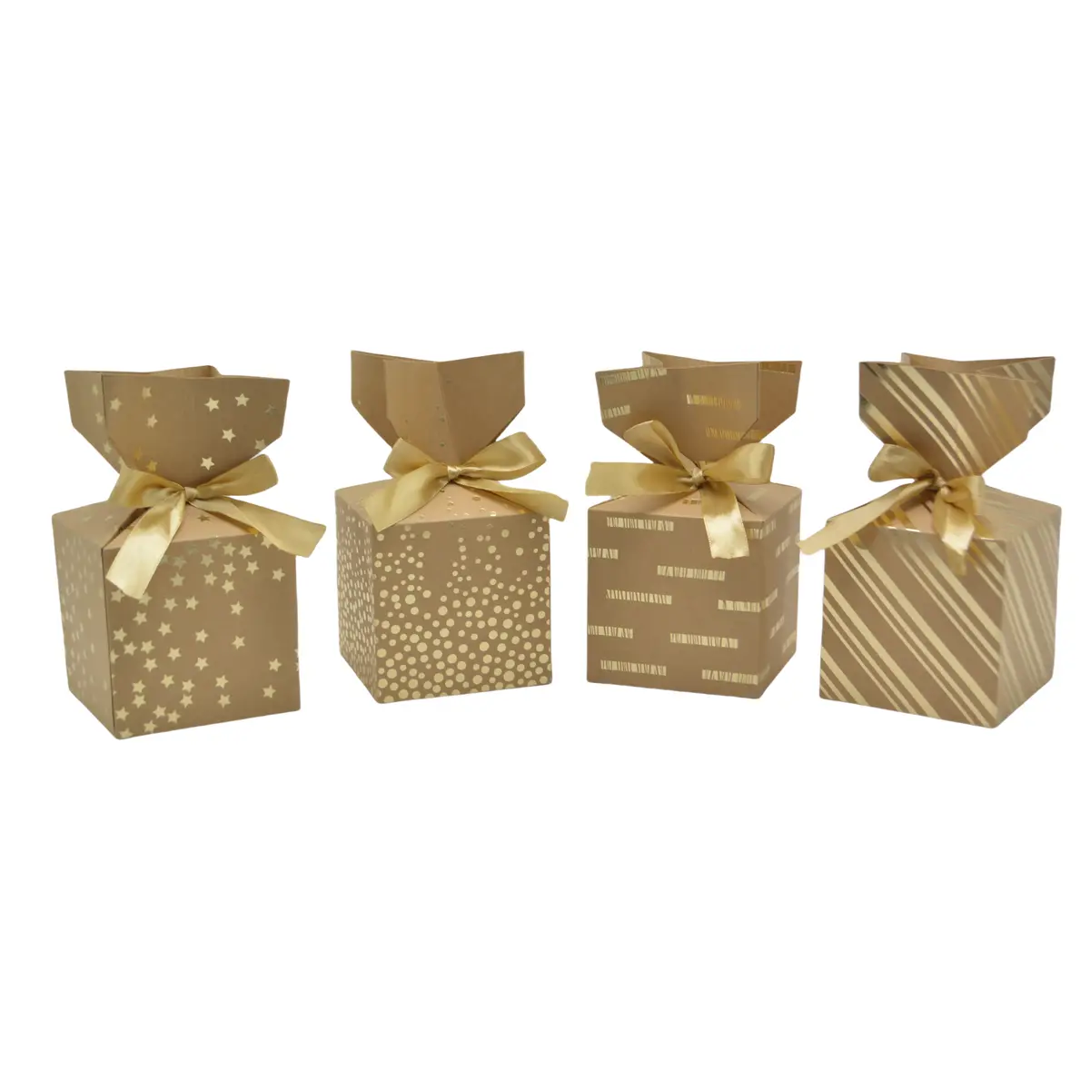 Boîte cadeau pliable kraft avec noeud intégré à pois or 10x10x10 cm - Boite cadeau origami - Lot de 20 - Boites cadeaux carton pliables-1