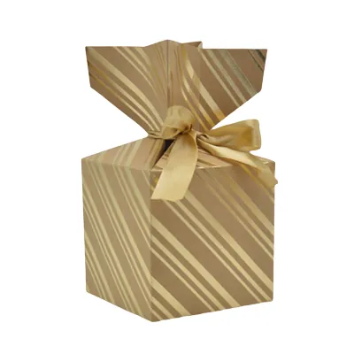 Boîte cadeau pliable kraft avec noeud intégré à rayures or 10x10x10 cm - Boite cadeau origami - Lot de 20 - Boites cadeaux carton pliables