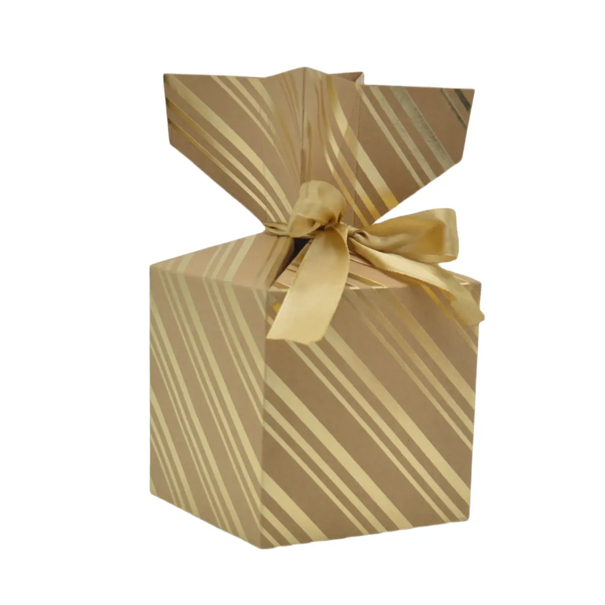 Boîte cadeau pliable kraft avec noeud intégré à rayures or 10x10x10 cm - Boite cadeau origami - Lot de 20 - Boites cadeaux carton pliables