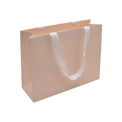 Sacs pelliculés unis rose pastel à poignées ruban – 32 x 11 x 25 cm – paquet de 10 - Sacs pelliculés unis, poignées ruban