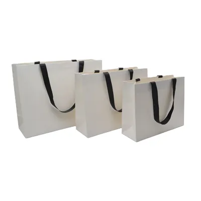 Sacs pelliculés blancs à poignées ruban noires – 38 x 12 x 28 cm – Paquet de 10 - Sacs pelliculés unis, poignées ruban-1
