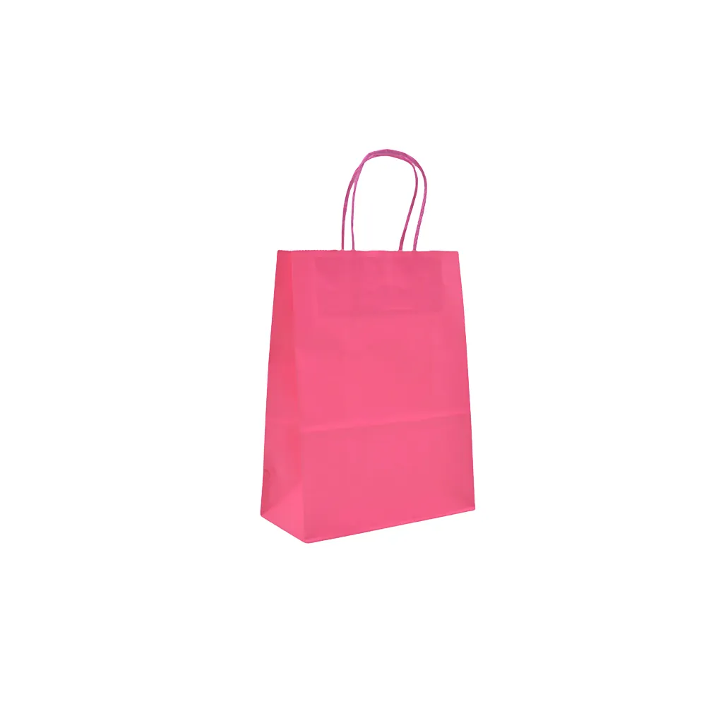 Sacs kraft rose foncé poignées torsadées 16+8x22 cm – Paquet de 100 - Sacs kraft couleur poignées torsadées