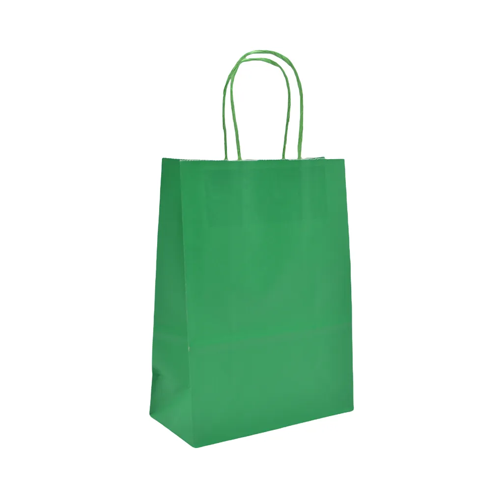 Sacs kraft vert poignées torsadées 26+12x33 cm – Paquet de 100 - Sacs kraft couleur poignées torsadées